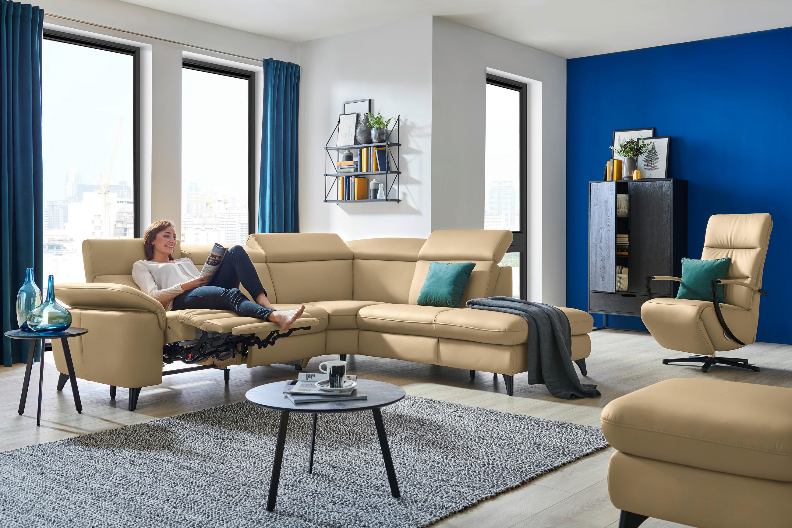 ECKSOFA in Echtleder Hellbraun  - Hellbraun/Schwarz, Design, Leder/Metall (285/239cm) - Cantus