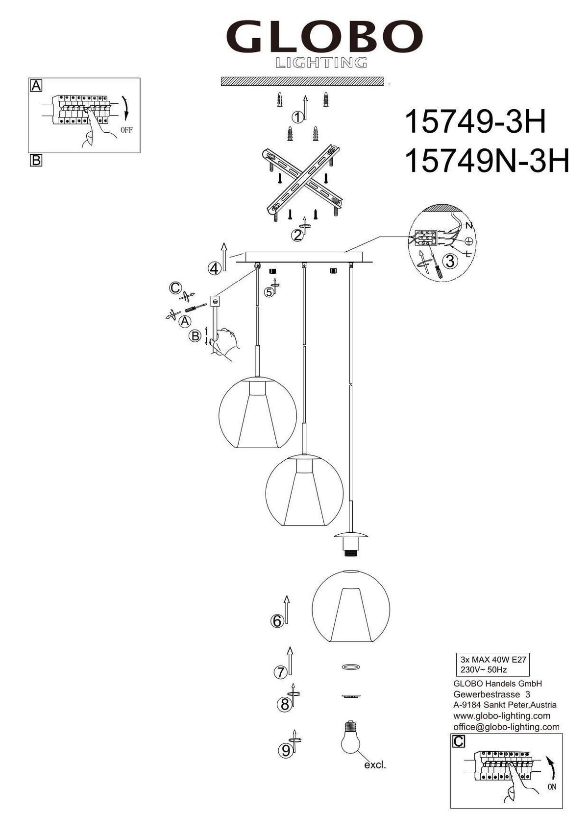 VISEČA SVETILKA  BARRY      45/120 cm      E27 - siva/črna, Basics, kovina/steklo (45/120cm) - Globo