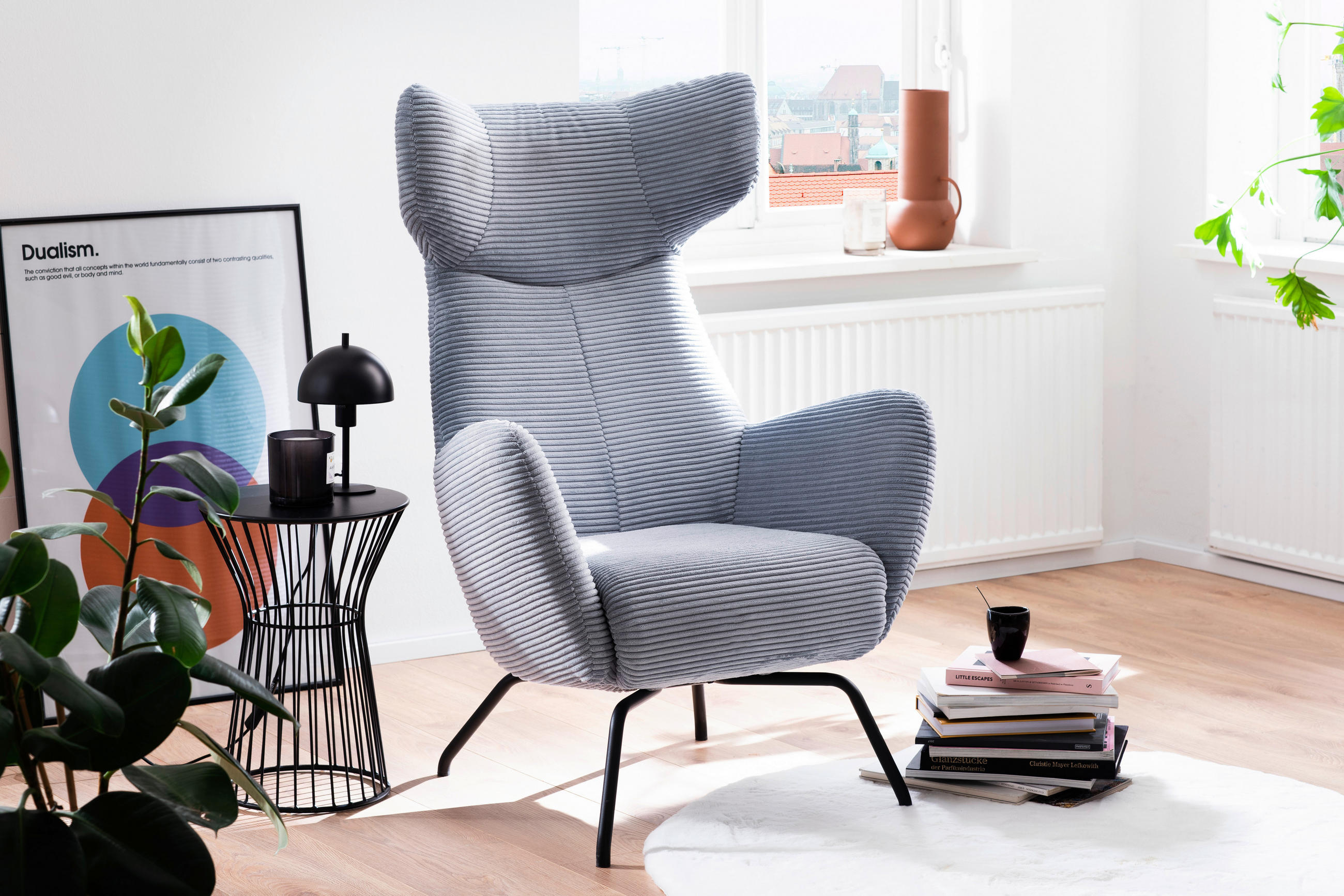 OHRENSESSEL Cord Hellblau    - Schwarz/Hellblau, Design, Textil/Metall (79/117/82cm) - Pure Home Lifestyle