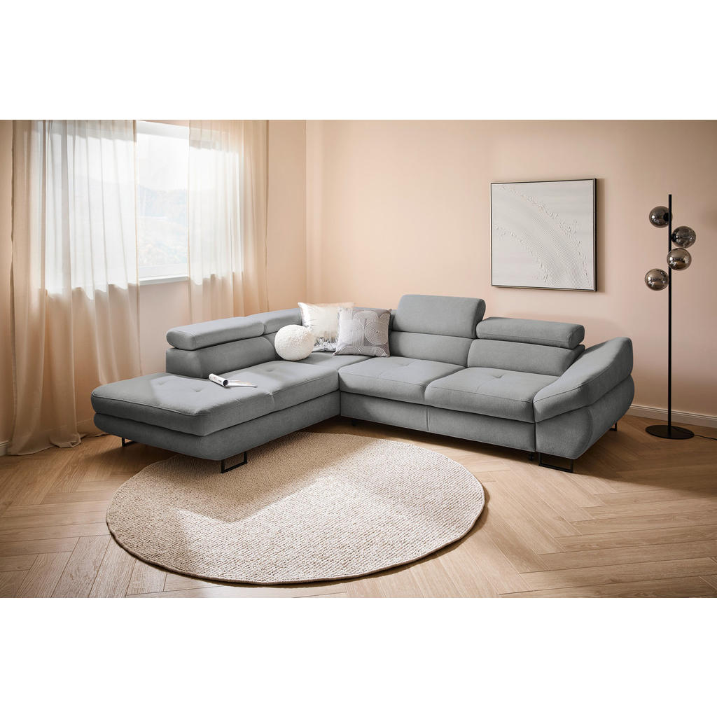 Thumbnail - Hom`in Ecksofa, Grau, Textil, 5-Sitzer, Ottomane links, L-Form, 280x235 cm, Fußauswahl, Stoffauswahl, Liegefunktion, sei...