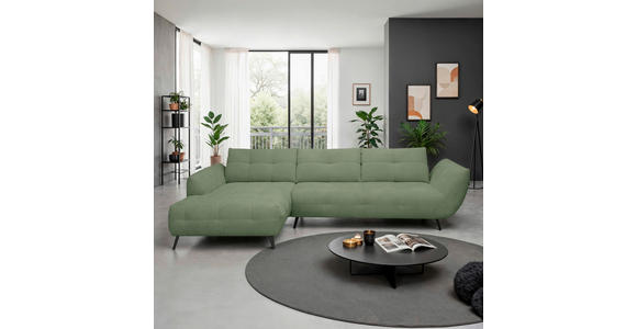 ECKSOFA Salbeigrün Chenille Armlehnenkissen, Rücken echt, Sitztiefenverstellung  - Salbeigrün/Schwarz, KONVENTIONELL, Textil/Metall (215/313cm) - Hom`in