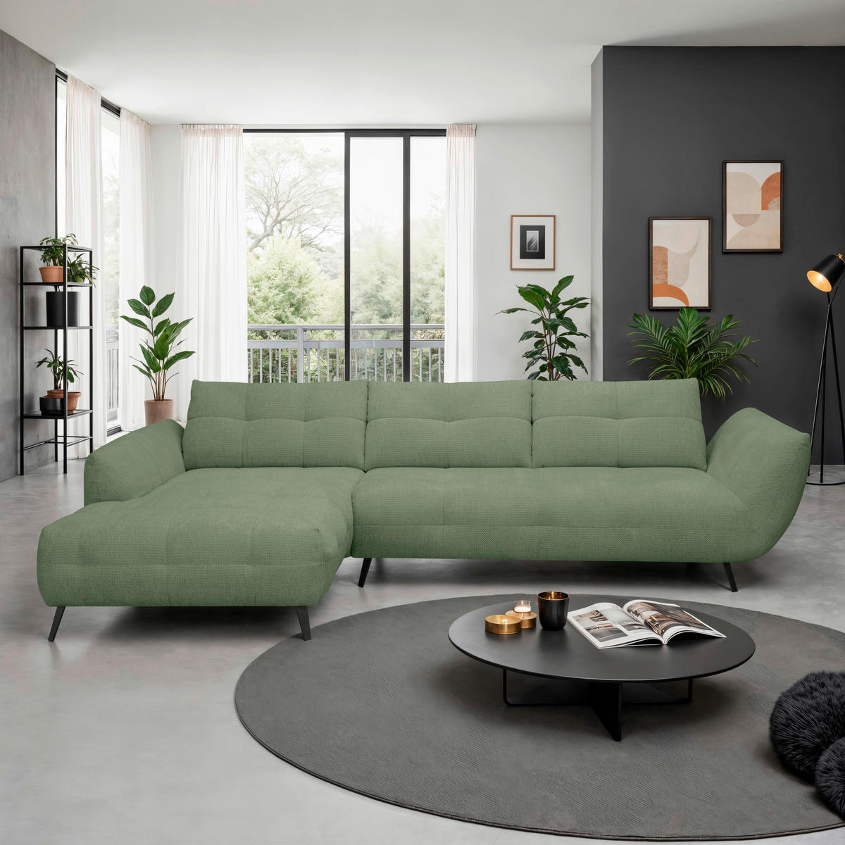 ECKSOFA Salbeigrün Chenille Armlehnenkissen, Rücken echt, Sitztiefenverstellung  - Salbeigrün/Schwarz, KONVENTIONELL, Textil/Metall (215/313cm) - Hom`in