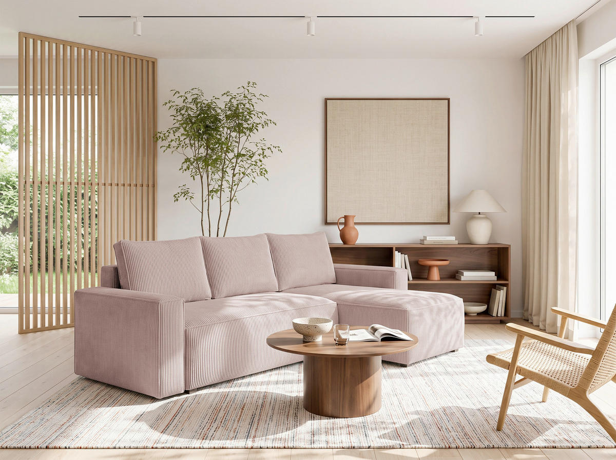 ECKSOFA Rosa Cord Rückenkissen, Bettkasten, Schlaffunktion, Rücken echt, Liegefläche im Originalstoff  - Schwarz/Rosa, MODERN, Kunststoff/Textil (232/140cm) - Xora