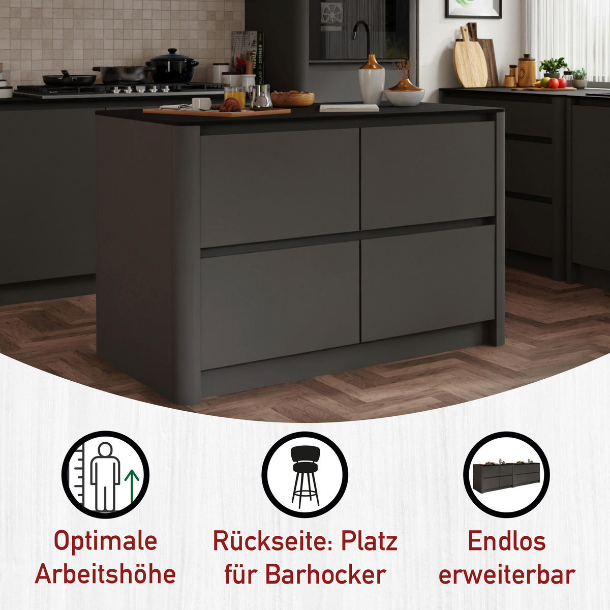 KÜCHENINSEL 129,60/91,9/80 cm  in Anthrazit, Schwarz  - Anthrazit/Schwarz, MODERN, Holzwerkstoff (129,60/91,9/80cm) - home24