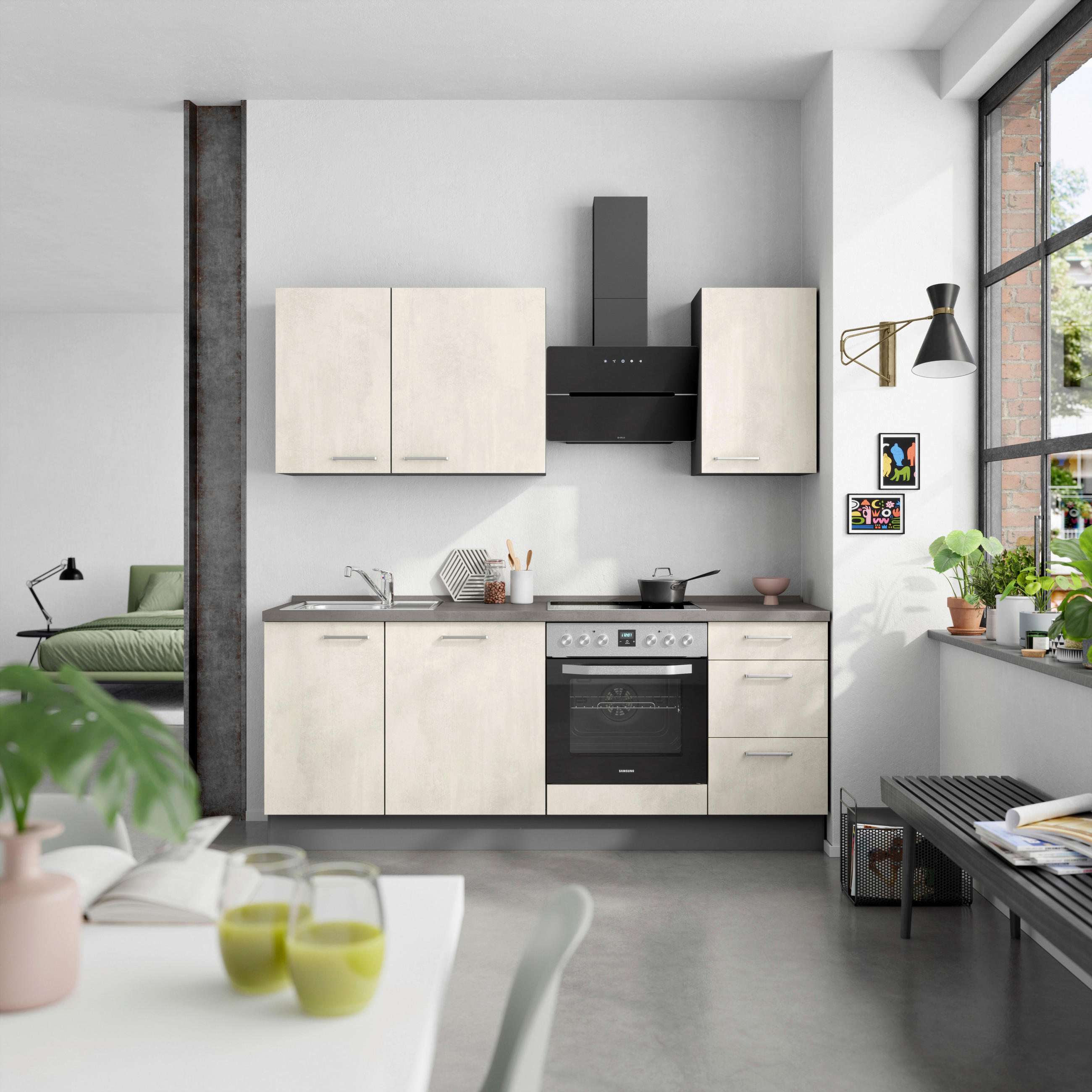 KÜCHENBLOCK Riva 210 cm  in Weiß, Schieferfarben  - Schieferfarben/Edelstahlfarben, MODERN, Holzwerkstoff/Metall (210cm) - Nobilia