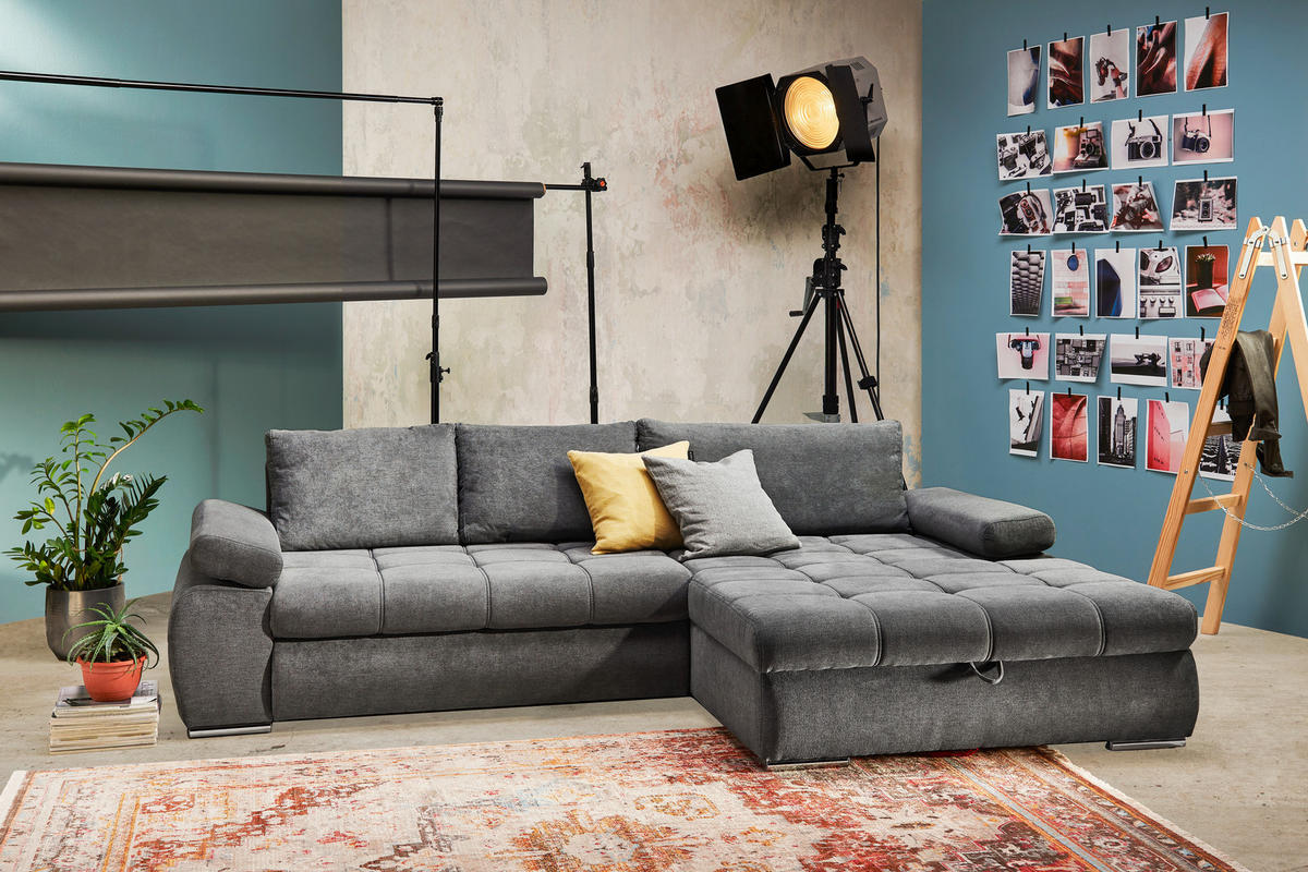 ECKSOFA Grau Flachgewebe  - Chromfarben/Weiß, Design, Kunststoff/Textil (294/173cm) - Carryhome