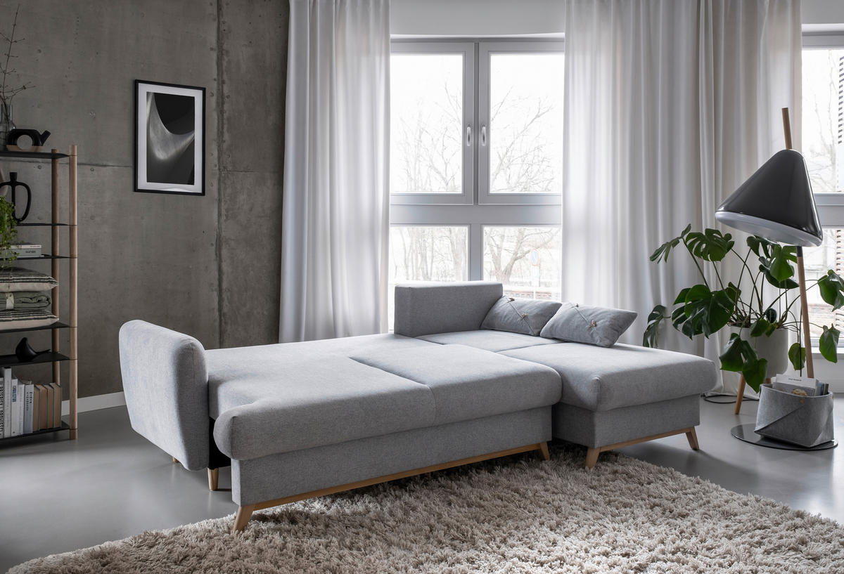 ECKSOFA in Chenille Hellgrau  - Hellgrau/Naturfarben, Holz/Textil (235/157cm) - MID.YOU
