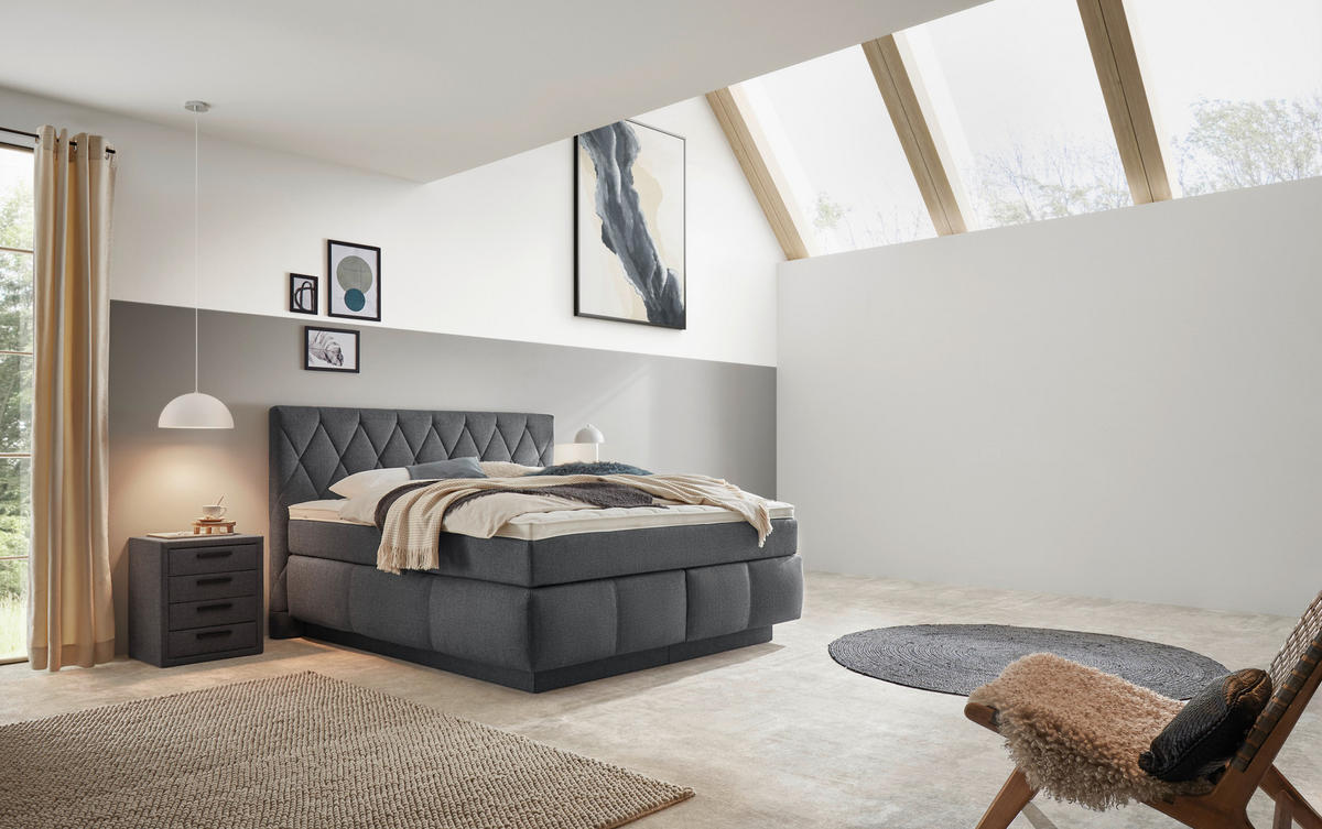 BOXSPRINGBETT 180/200 cm,  in Dunkelblau, Matratze, Topper, unterschiedliche Matratzenhärtegrade je Bettseite, H2 + H3 = mittel + fest  - Schwarz/Dunkelblau, KONVENTIONELL, Holz/Kunststoff (180/200cm) - Voleo