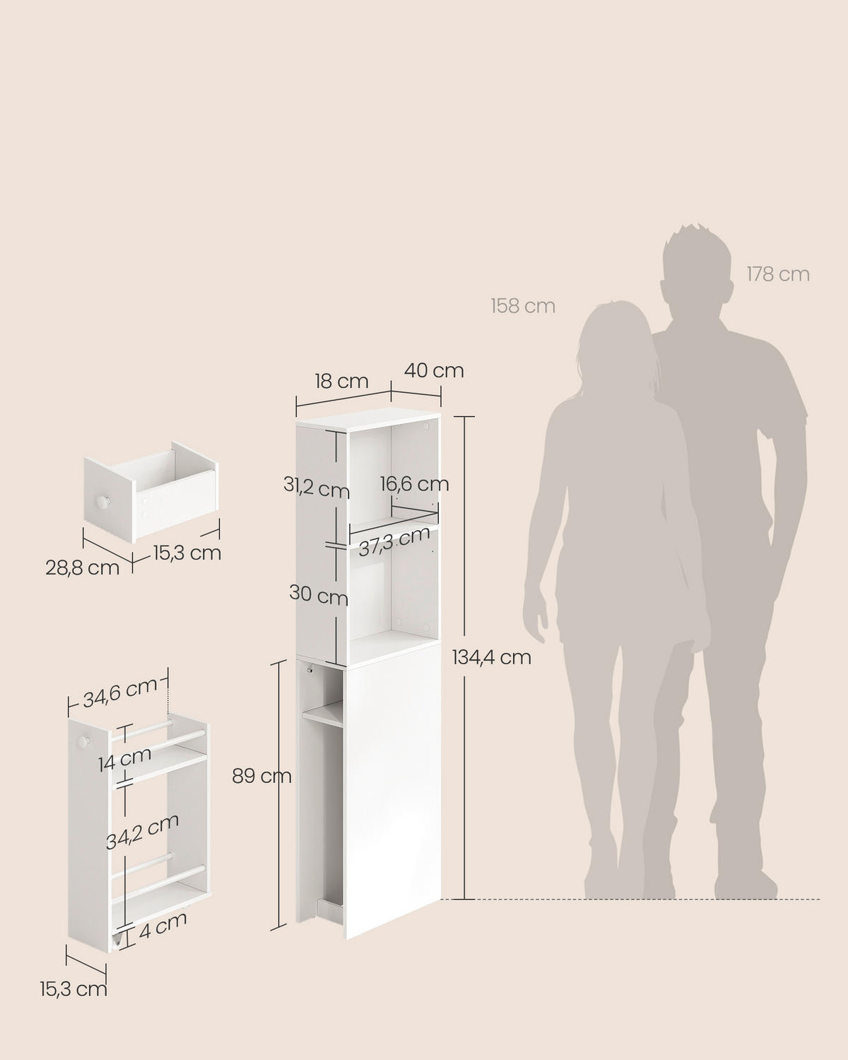 MIDISCHRANK 40/134.4/18 cm  - Weiß, Trend, Holzwerkstoff (40/134.4/18cm) - MID.YOU