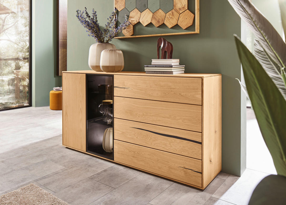 SIDEBOARD  in 176/88/40 cm  - Eichefarben/Schwarz, Natur, Glas/Holz (176/88/40cm) - Waldwelt