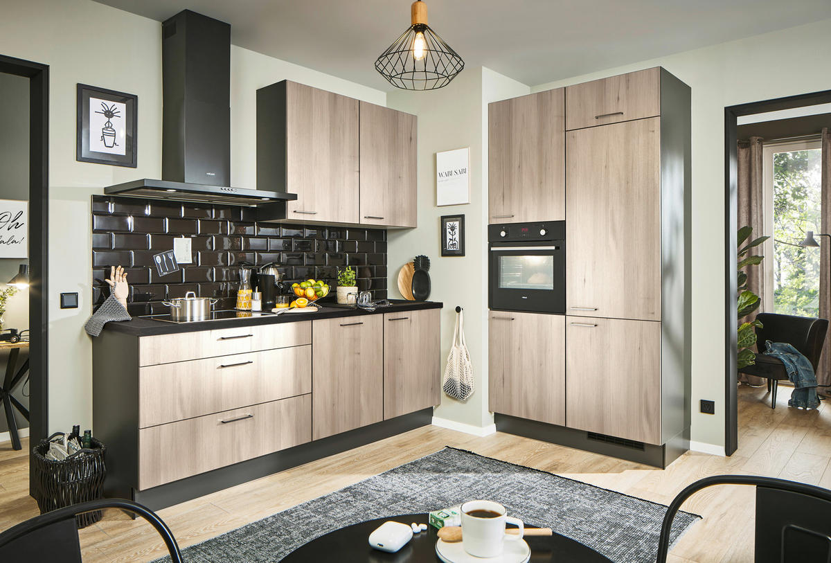 ECKKÜCHE 220/120 cm  in Graphitfarben, Schwarz, Tannenholzfarben  - Chromfarben/Tannenholzfarben, Design, Holzwerkstoff/Metall (220/120cm) - Xora
