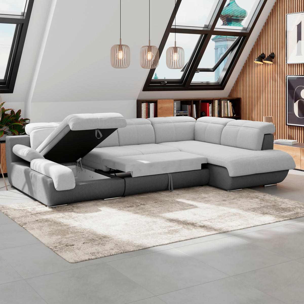 WOHNLANDSCHAFT Grau, Hellgrau, Dunkelgrau Mikrofaser  - Chromfarben/Dunkelgrau, MODERN, Textil/Metall (184/345/228cm) - MID.YOU