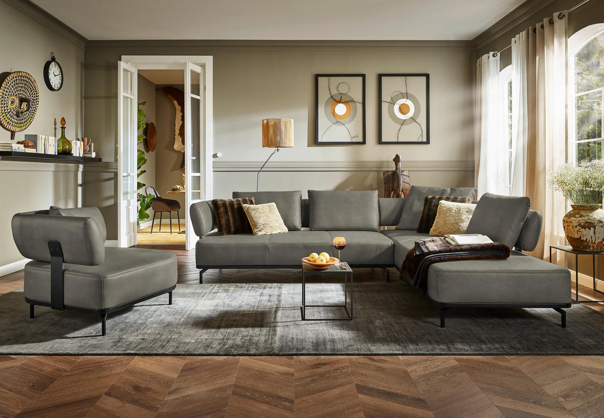 ECKSOFA in Echtleder Grau  - Schwarz/Grau, Design, Leder/Metall (302/237cm) - Dieter Knoll