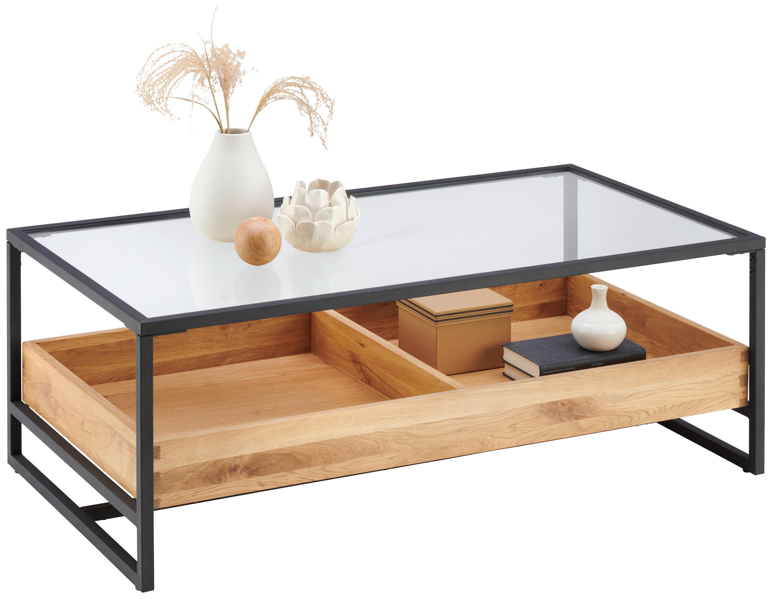 COUCHTISCH Eiche furniert, massiv ESG 110/60/40 cm rechteckig Klar, Schwarz, Eichefarben  - Klar/Eichefarben, Design, Glas/Holz (110/60/40cm) - Hom`in