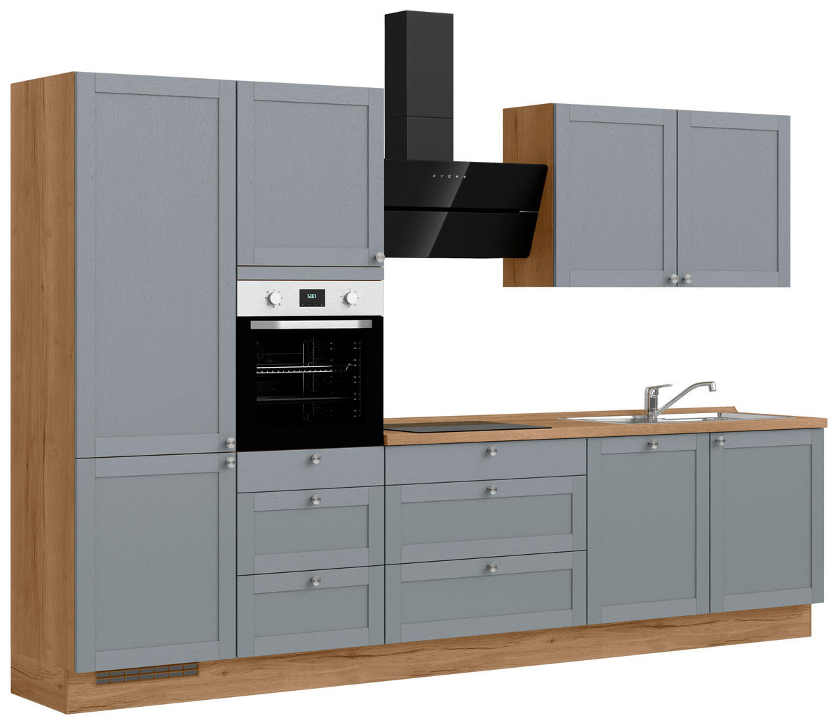 KÜCHENBLOCK Frame 330 cm  in Eichefarben, Blaugrau  - Edelstahlfarben/Eichefarben, MODERN, Holzwerkstoff/Metall (330cm) - Nobilia