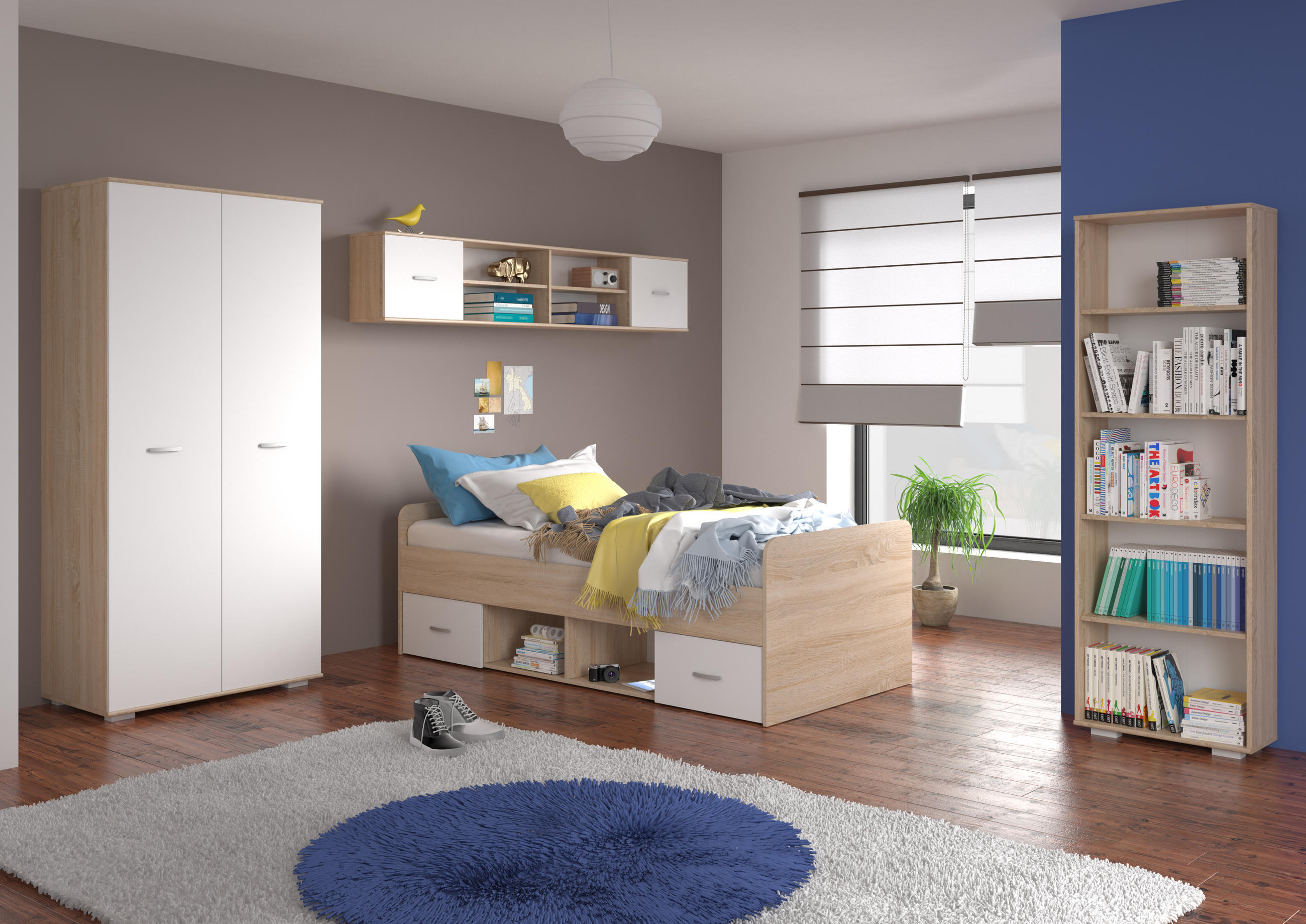 OMLADINSKA SOBA bela, sonoma hrast - sonoma hrast/bela, Moderno, pločasti materijal - Carryhome