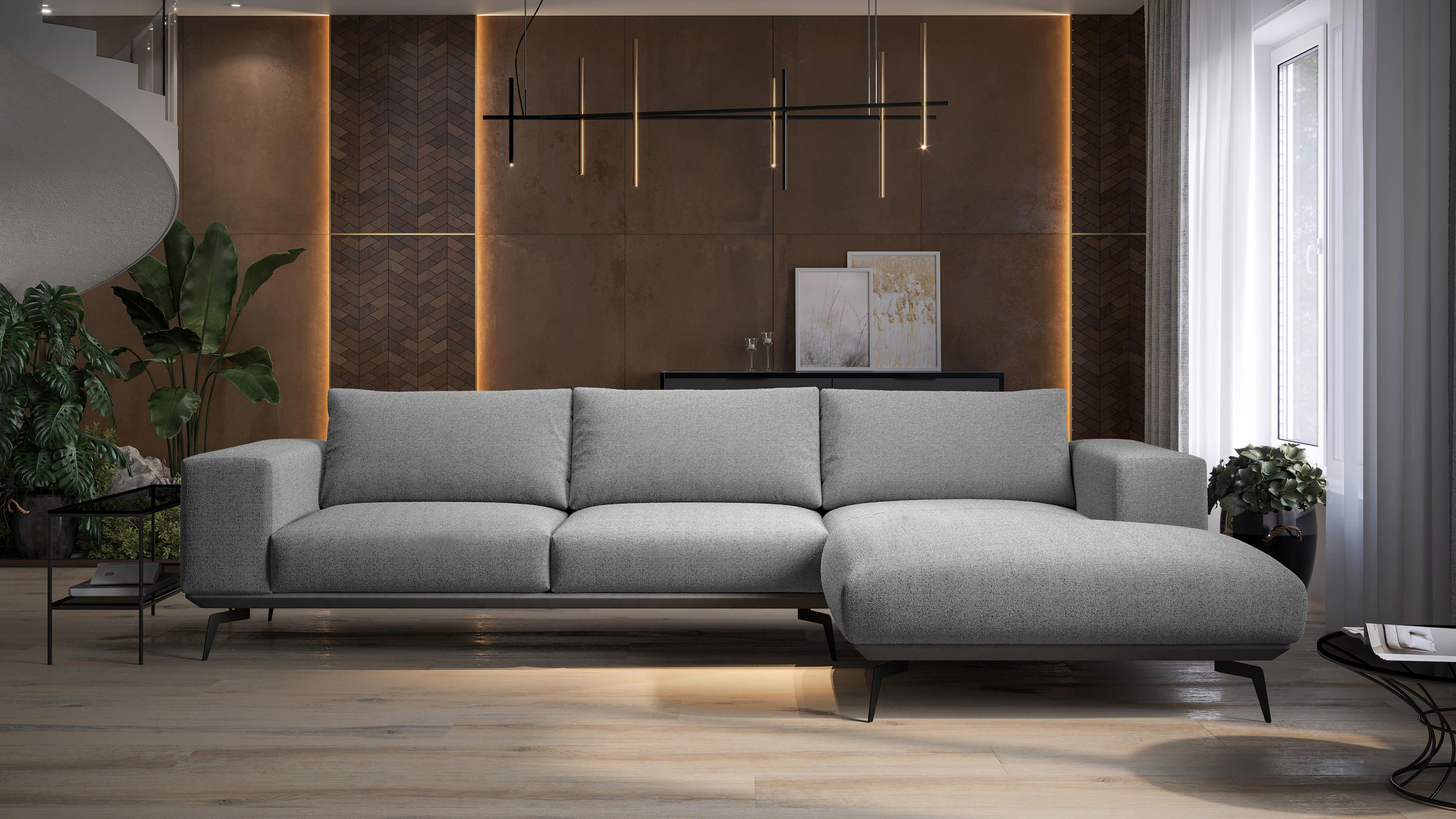 Thumbnail - Mid.you Ecksofa, Grau, Holz, Textil, 4-Sitzer, Füllung: Polyester, Silikon, Ottomane rechts, L-Form, 330x180 cm, Made in...