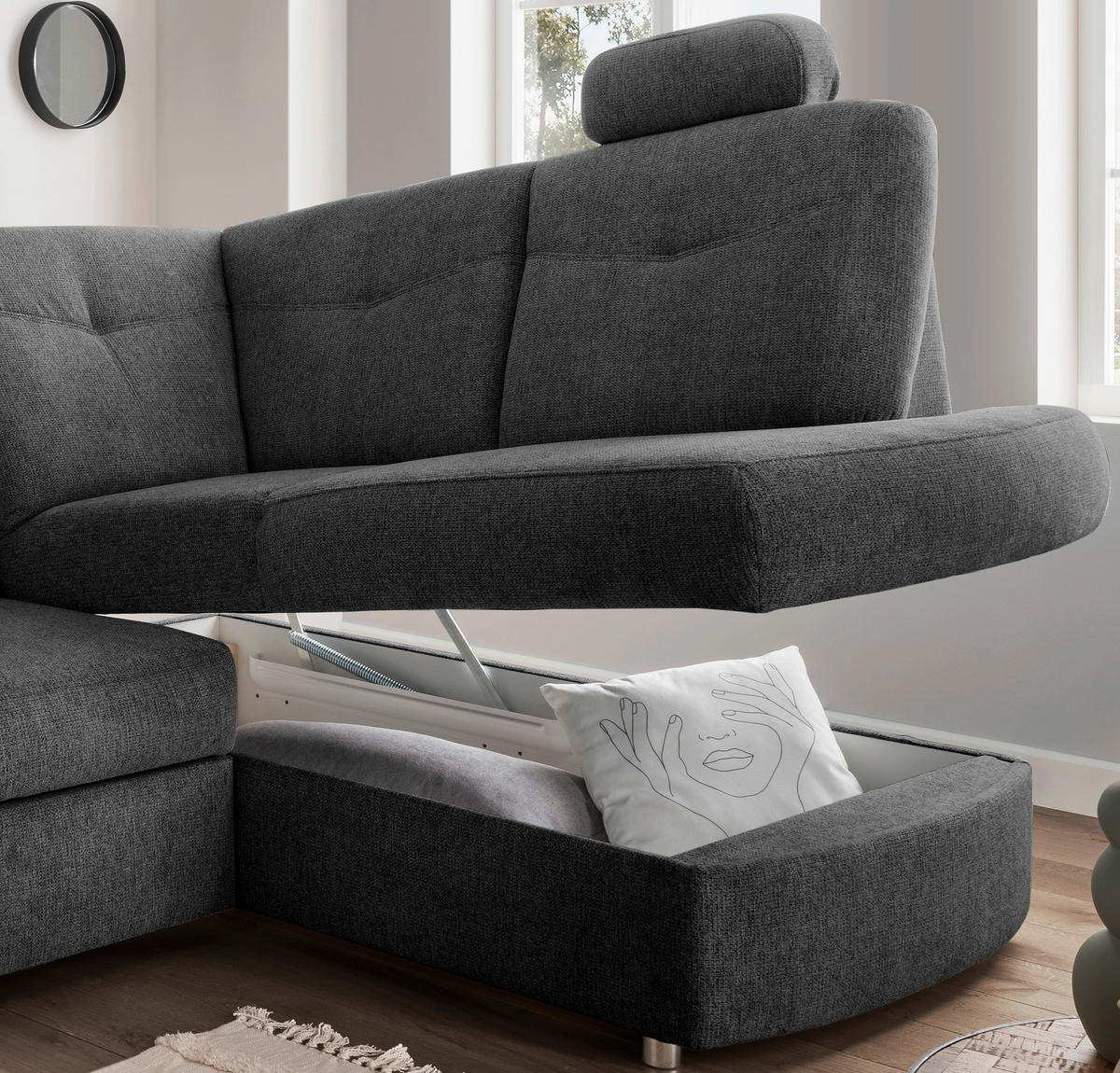 ECKSCHLAFSOFA in Chenille Anthrazit  - Chromfarben/Anthrazit, Modern, Kunststoff/Textil (264/180cm) - Livetastic