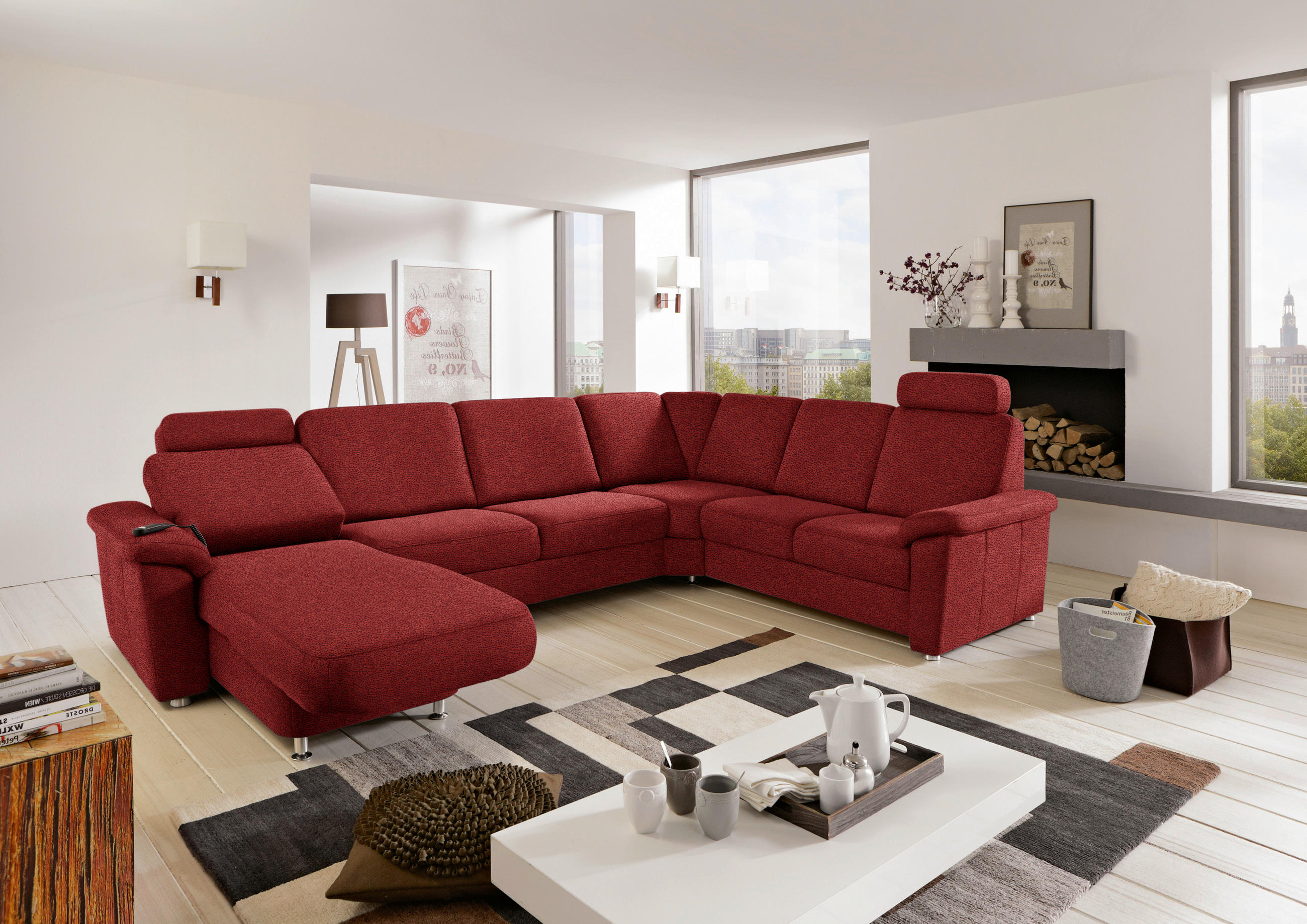 WOHNLANDSCHAFT Rot Flachgewebe  - Chromfarben/Rot, KONVENTIONELL, Textil/Metall (163/330/240cm) - Beldomo System