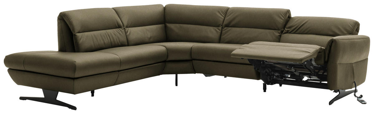 ECKSOFA in Echtleder Olivgrün  258/286 cm  - Schwarz/Olivgrün, Design, Leder/Metall (258/286cm) - Schöner Wohnen