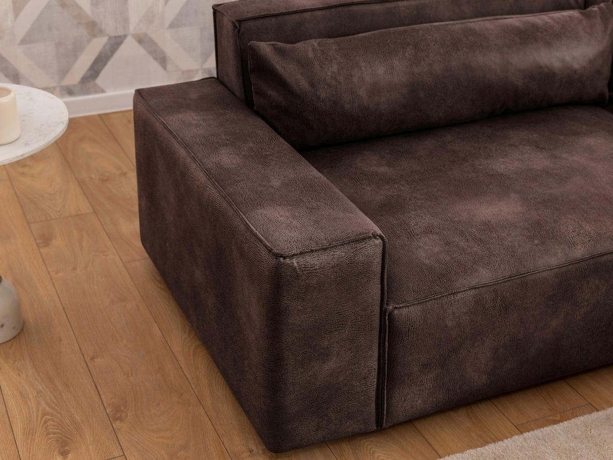 ECKSOFA Curduroy in Lederlook Dunkelbraun Rückenkissen  251/142 cm  - Dunkelbraun/Schwarz, Design, Kunststoff/Textil (251/142cm) - P & B