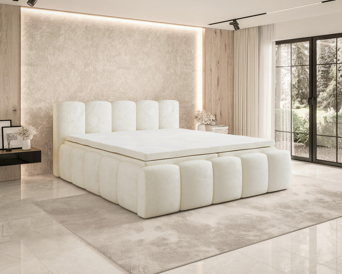 BOXBETT 140/200 cm,  in Beige, Bettkasten, Topper, H2 = mittel  - Beige/Schwarz, MODERN, Textil (140/200cm) - MID.YOU