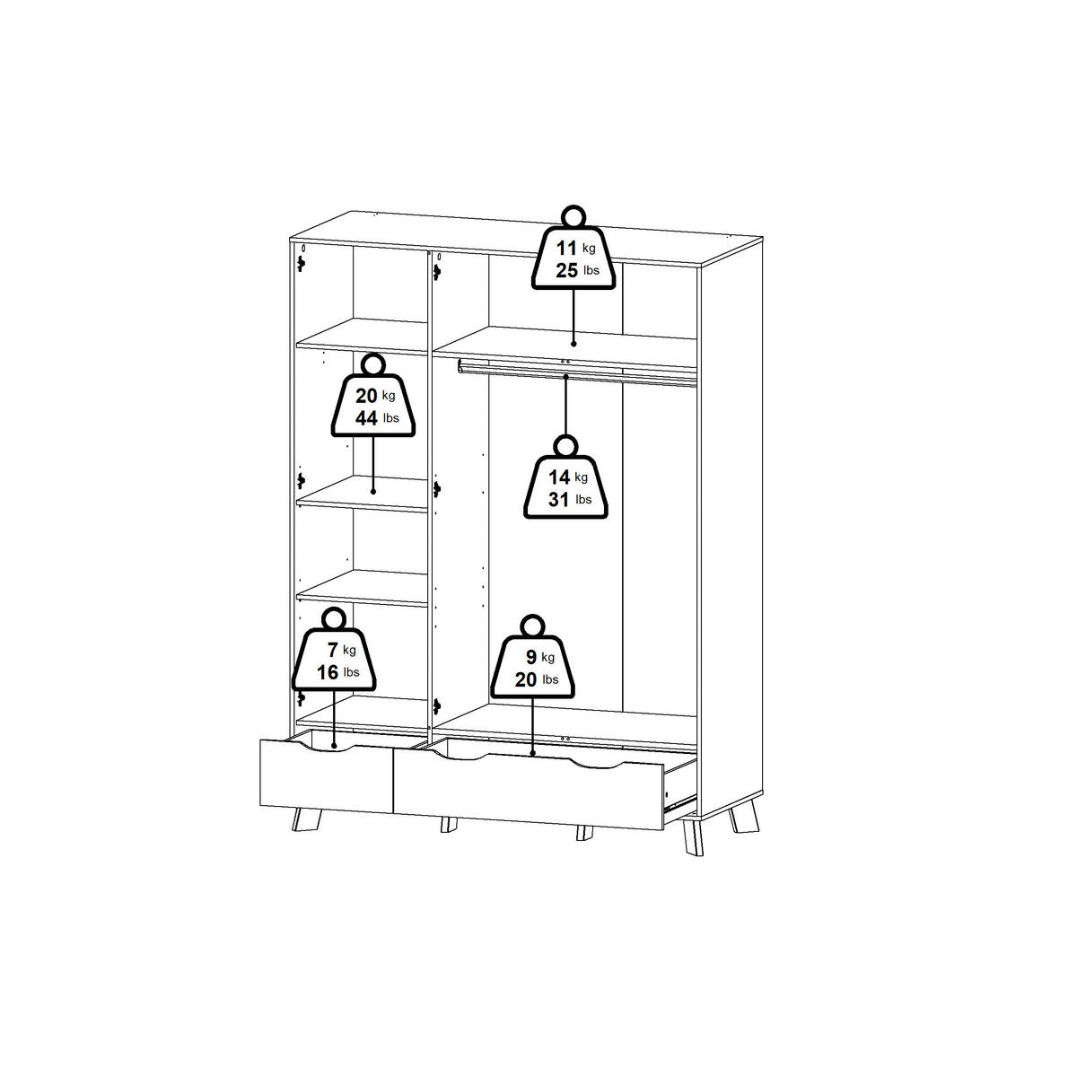 KLEIDERSCHRANK 147,2/192,2/58 cm 3-türig Weiß, Eichefarben  - Eichefarben/Weiß, MODERN, Holzwerkstoff (147,2/192,2/58cm) - MID.YOU