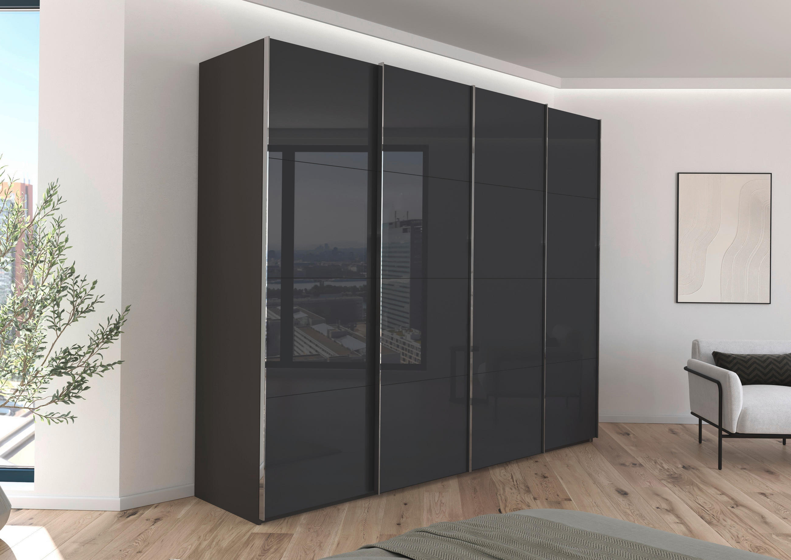 SCHWEBETÜRENSCHRANK 271/235/68 cm 4-türig Graphitfarben, Schwarz  - Chromfarben/Graphitfarben, Design, Glas/Holzwerkstoff (271/235/68cm) - Novel
