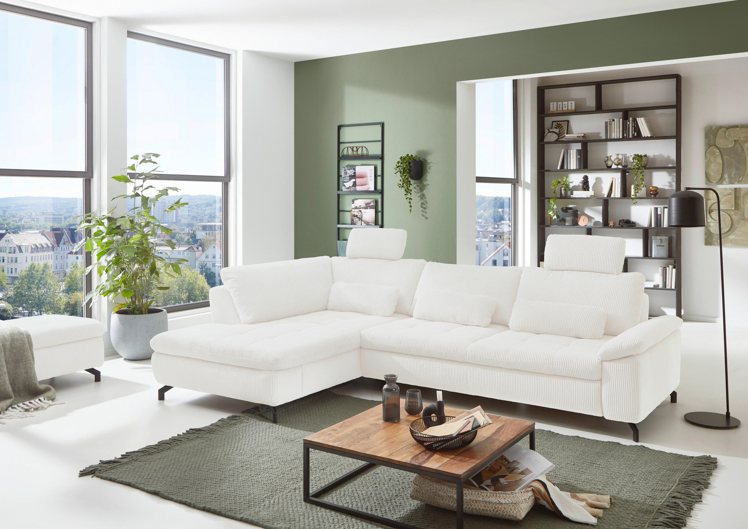 ECKSOFA in Cord, Velours Creme, Naturfarben  - Creme/Schwarz, Design, Textil/Metall (197/291cm) - Beldomo Style