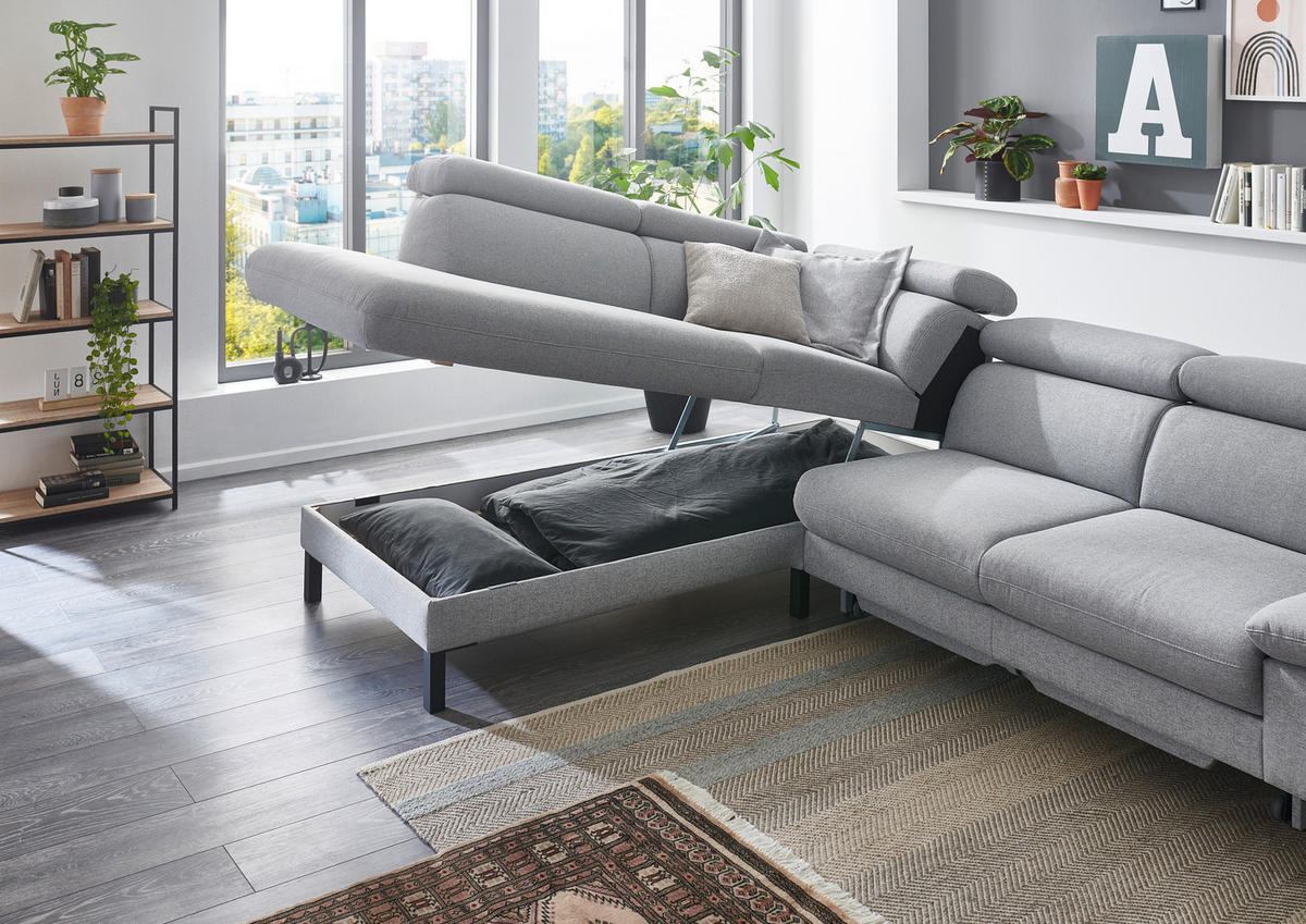 ECKSOFA in Flachgewebe Hellgrau  - Hellgrau/Schwarz, Design, Holzwerkstoff/Textil (217/272cm) - Pure Home Comfort
