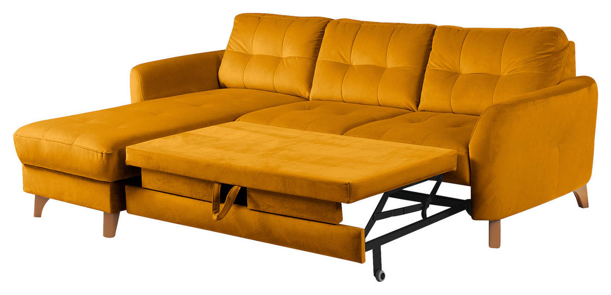 ECKSOFA Gelb Samt Bettkasten, Schlaffunktion, Liegefläche im Originalstoff  - Gelb/Buchefarben, Design, Holz/Textil (168/238cm) - Livetastic