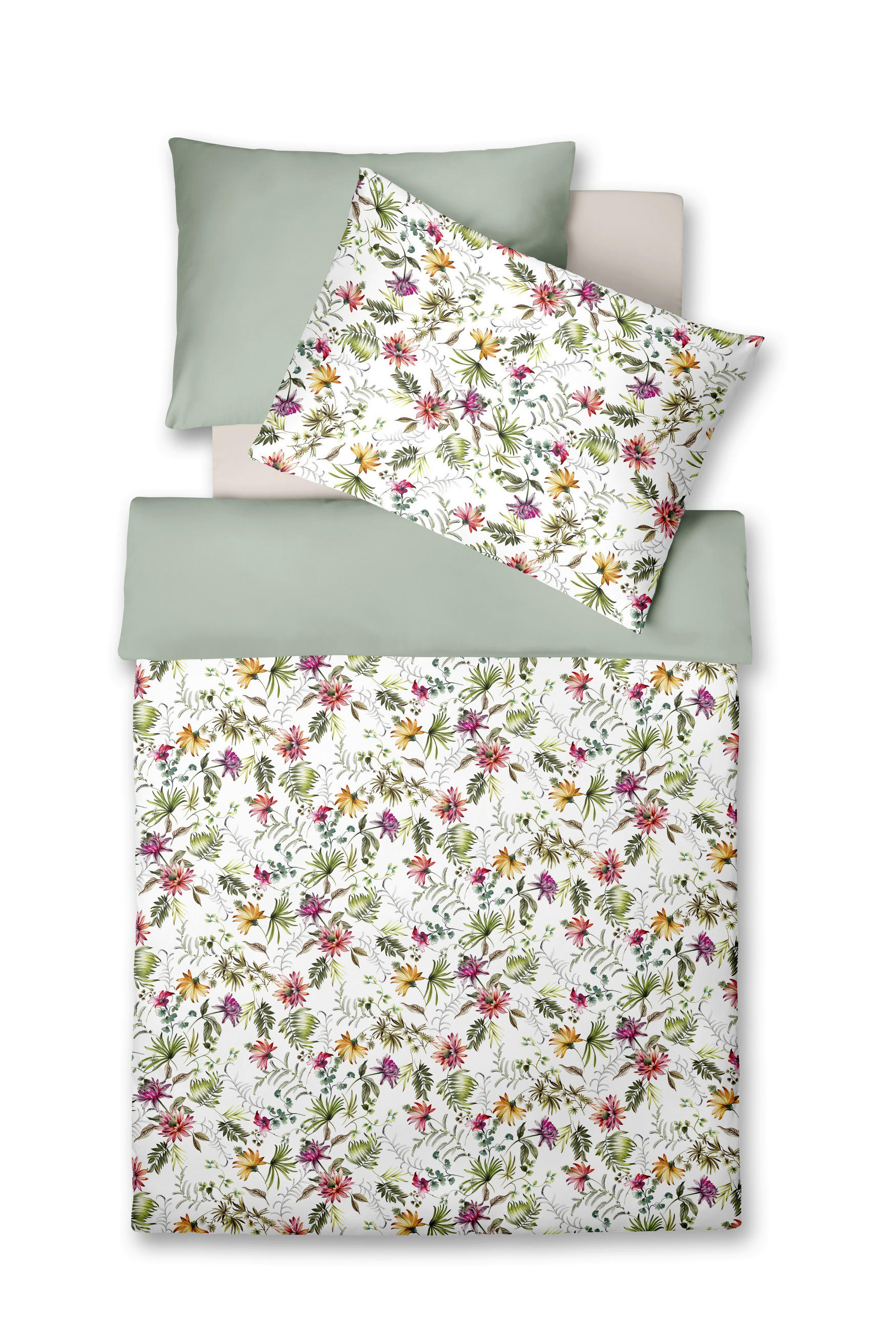 POSTELJNINA 140/200 cm mako saten bela, starinsko roza, olivno zelena   - bela/starinsko roza, Konvencionalno, tekstil (140/200cm) - Fleuresse