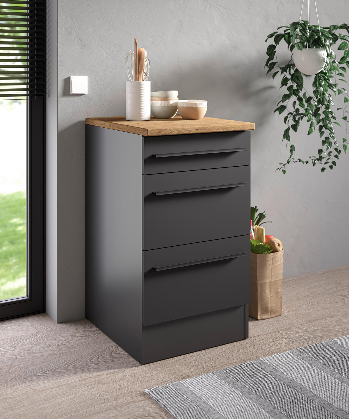 SCHUBKASTENUNTERSCHRANK 50/90/60 cm  in Schwarz  - Eichefarben/Schwarz, Design, Holzwerkstoff/Kunststoff (50/90/60cm) - MID.YOU