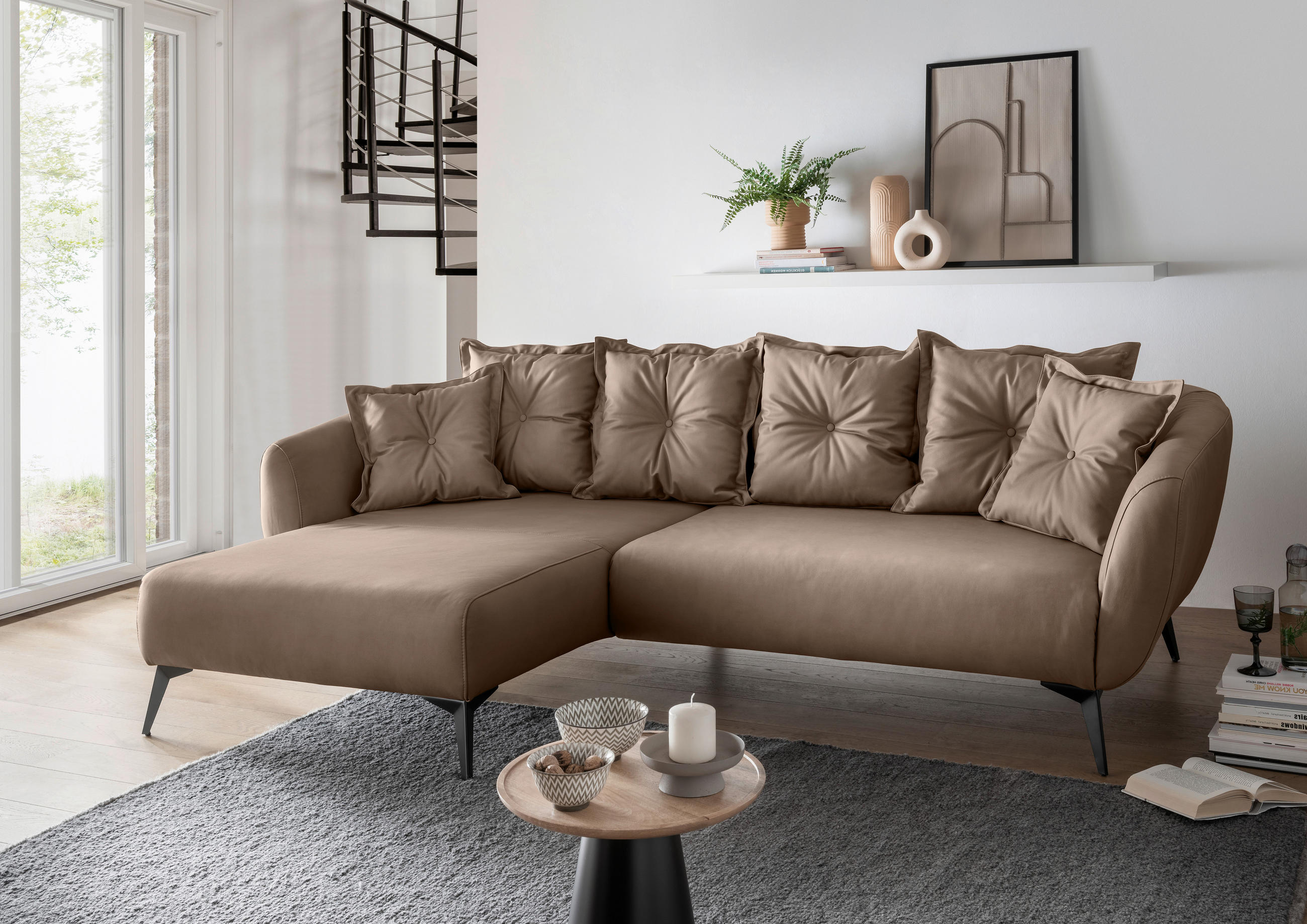 ECKSOFA Braun Lederlook  - Schwarz/Braun, MODERN, Textil/Metall (162/277cm) - Livetastic