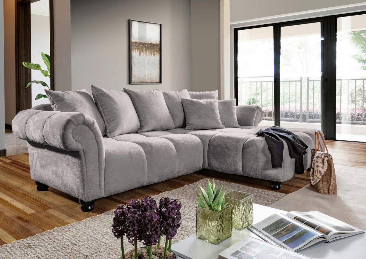 HÖRNSOFFA i plysch grå  - grå/mörkbrun, Klassisk, trä/textil (288/190cm) - MID.YOU