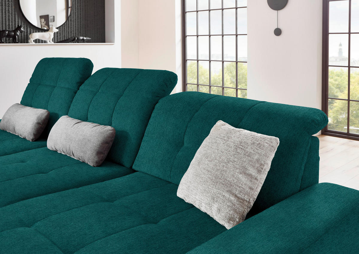 ECKSOFA in Flachgewebe Petrol  - Petrol/Schwarz, Design, Textil/Metall (309/190cm) - Beldomo Style