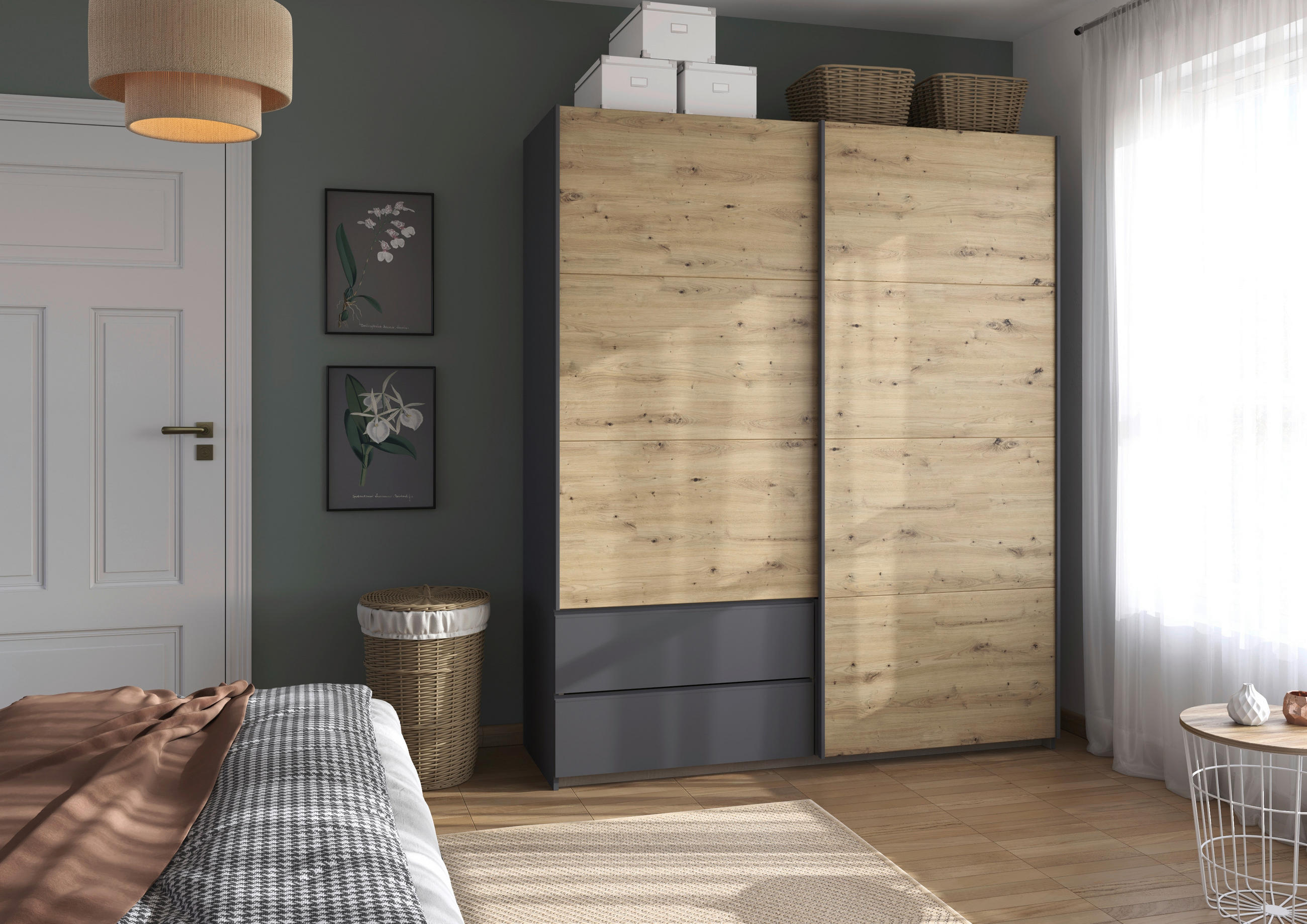 SCHWEBETÜRENSCHRANK in Grau, Eiche Artisan  - Eiche Artisan/Grau, Modern, Holzwerkstoff (175/210/59cm) - Rauch Möbel
