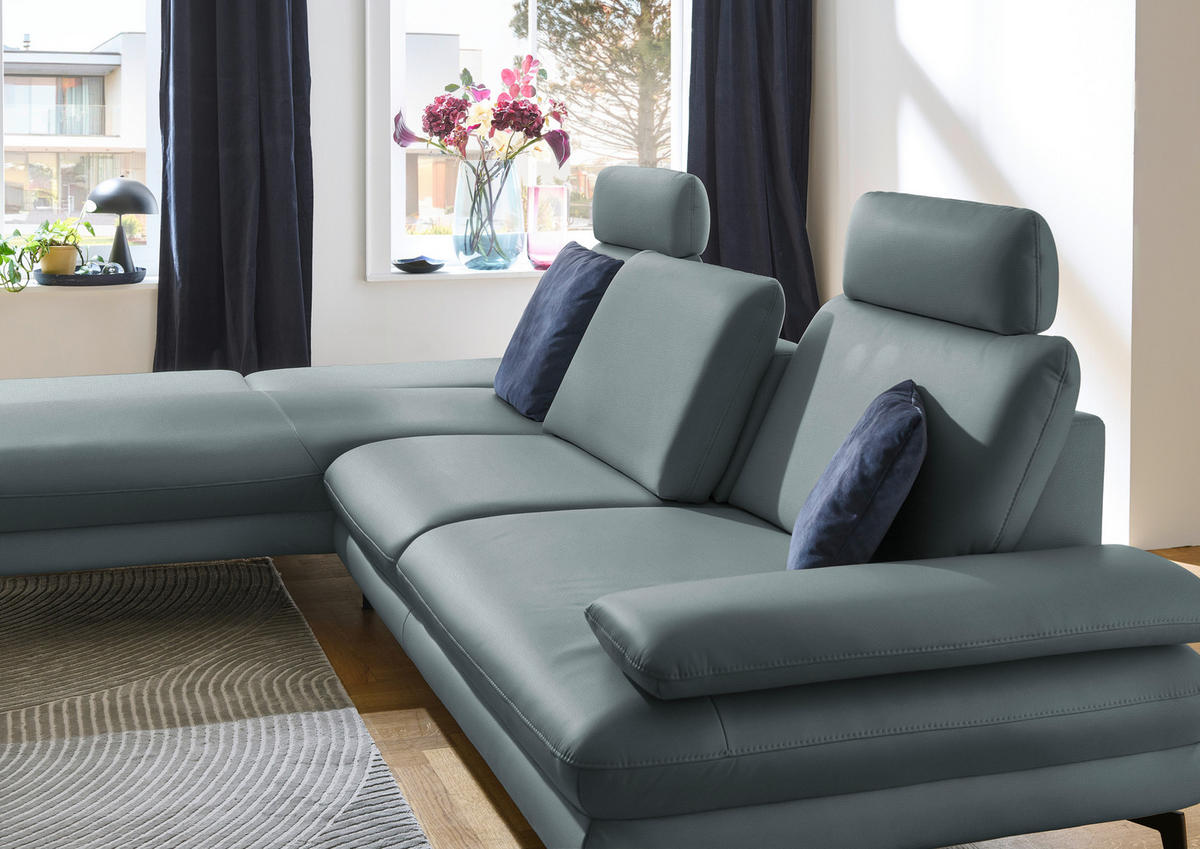 ECKSOFA in Echtleder Blaugrau  - Blaugrau/Schwarz, Design, Leder/Metall (195/308cm) - Dieter Knoll