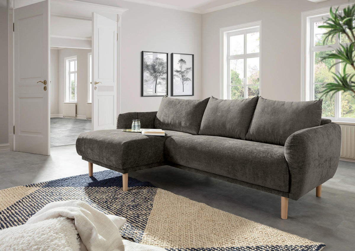 ECKSOFA Dunkelgrau Flachgewebe  - Dunkelgrau/Buchefarben, KONVENTIONELL, Holz/Textil (144/230cm) - Carryhome