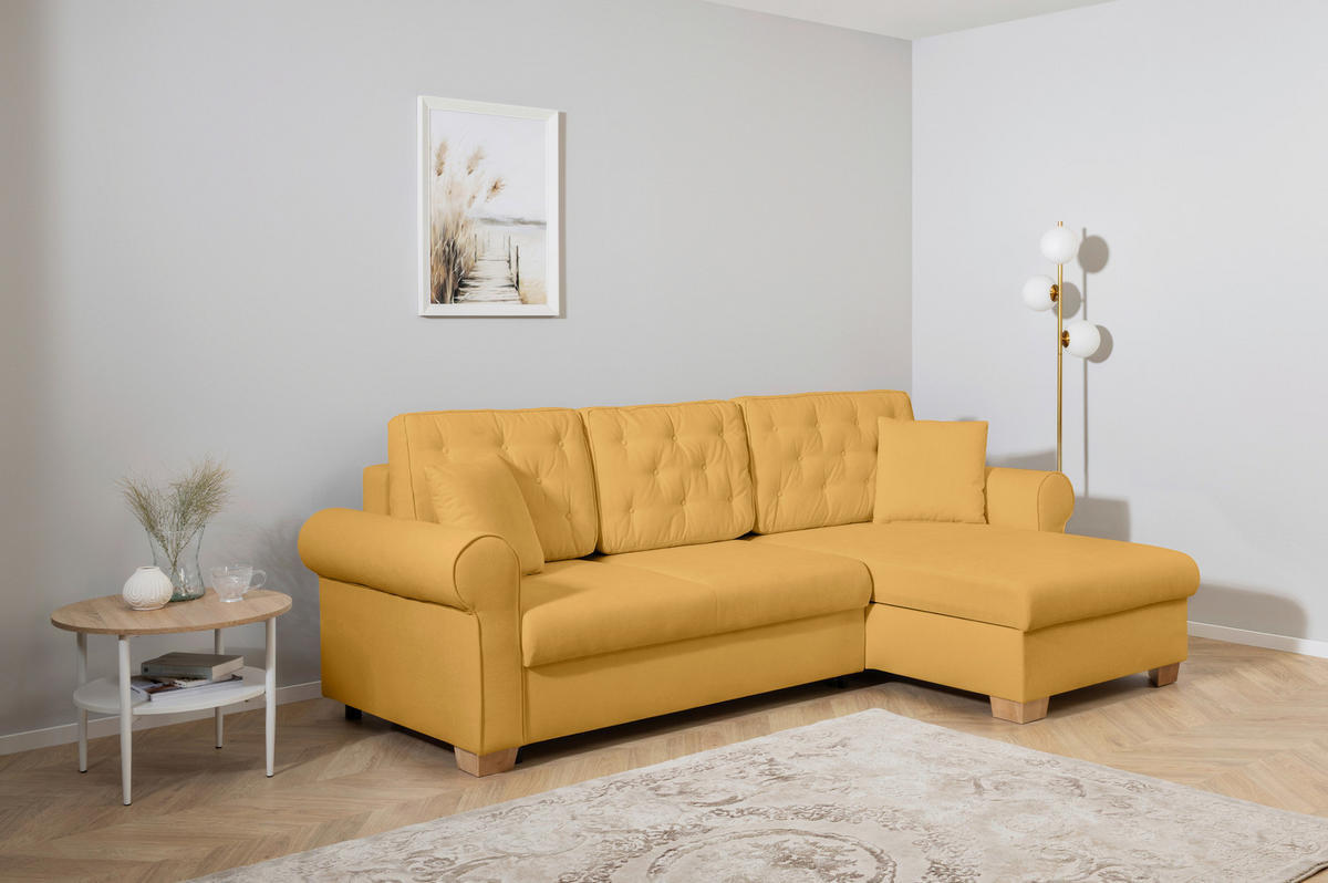 ECKSOFA in Gelb  - Gelb/Buchefarben, Design, Holz/Textil (266/161cm) - MID.YOU