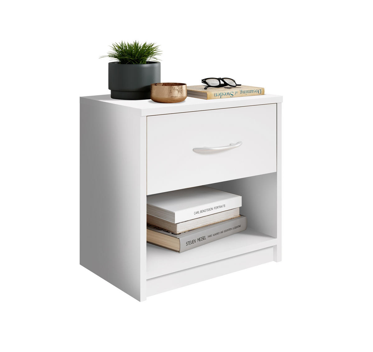 Noptieră, 39/41/28 cm, alb - alb/culoare aluminiu, Design, plastic/material pe bază de lemn (39/41/28cm) - Boxxx