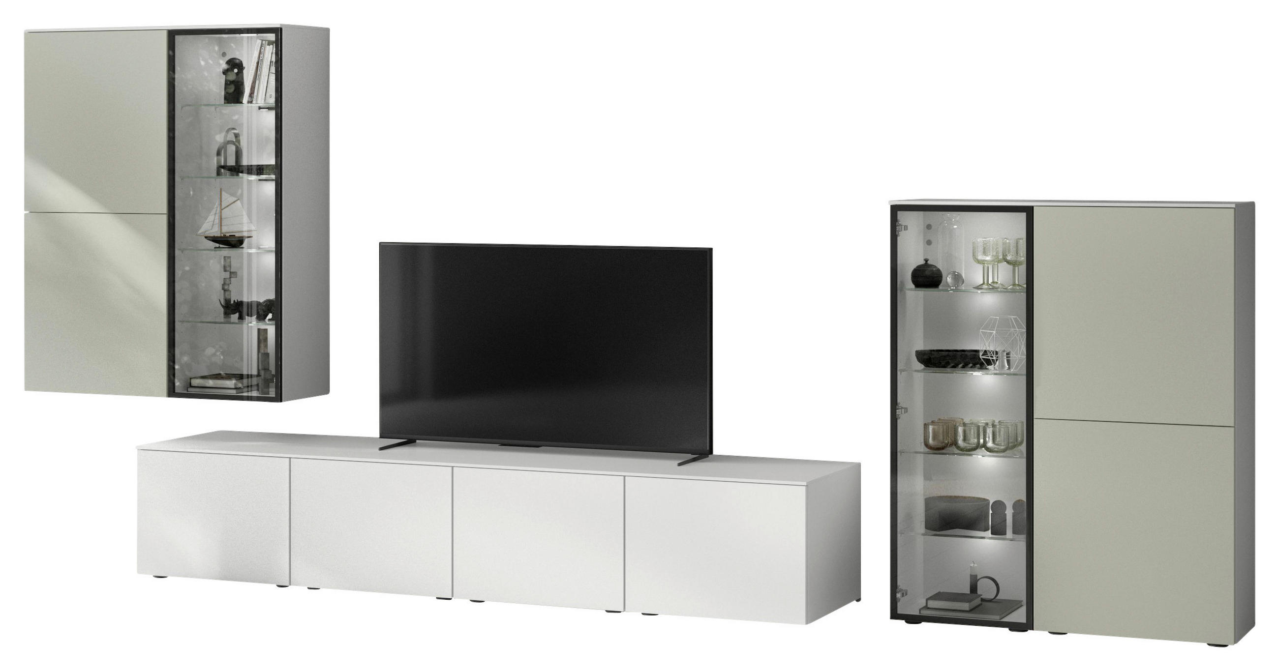 WOHNWAND  in Weiß, Jadegrün  425,3/204,6/58,5 cm  - Jadegrün/Weiß, Design, Glas/Holzwerkstoff (425,3/204,6/58,5cm) - Celina Home
