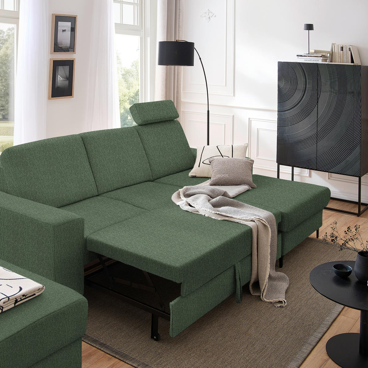 ECKSOFA in Webstoff Waldgrün  - Waldgrün/Schwarz, Konventionell, Textil/Metall (247/167cm) - Stylife