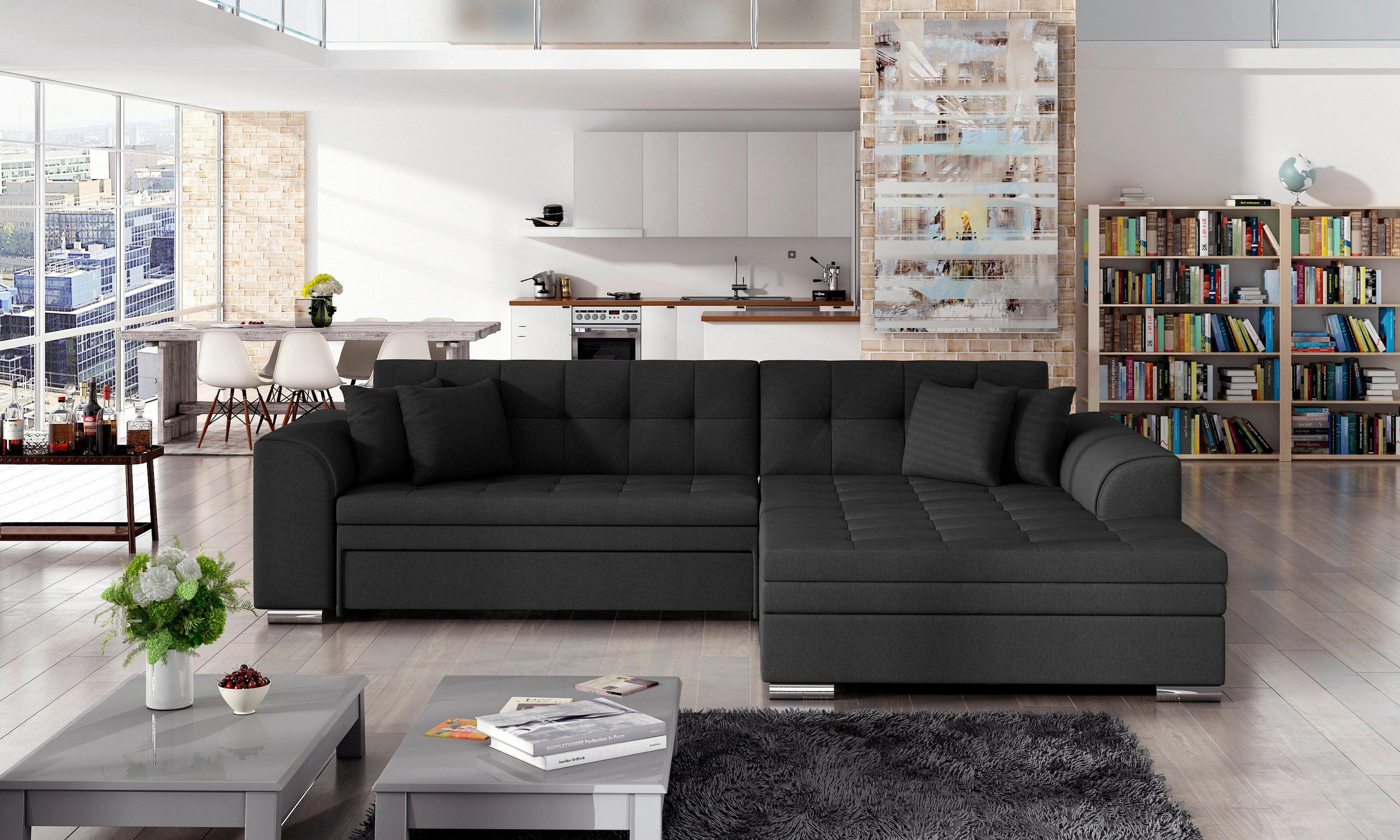 ECKSOFA Anthrazit Webstoff  - Chromfarben/Anthrazit, Design, Kunststoff/Textil (296/194cm) - MID.YOU