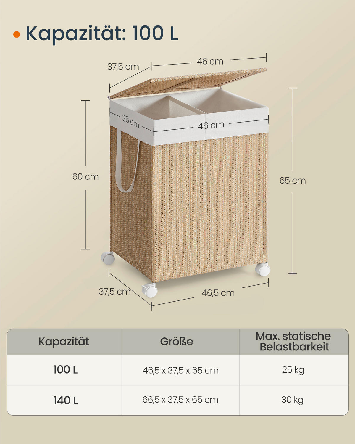 WÄSCHEKORB - Beige/Weiß, Trend, Textil/Metall (46,5/65/37,5cm) - Boxxx