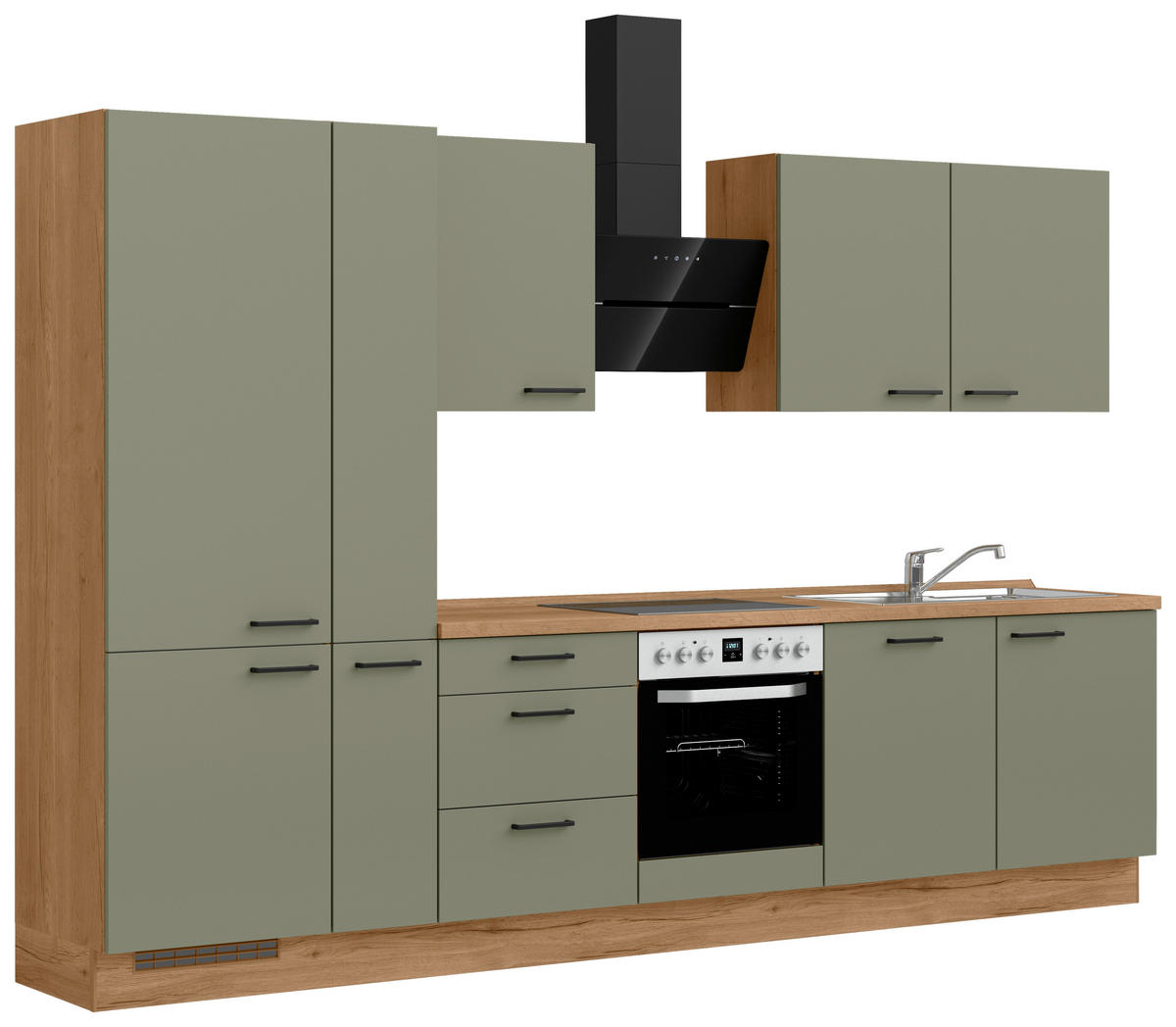 KÜCHENLEERBLOCK 330 cm   Eichefarben, Olivgrün  - Eichefarben/Schwarz, Romantik / Landhaus, Holzwerkstoff/Metall (330cm) - Celina