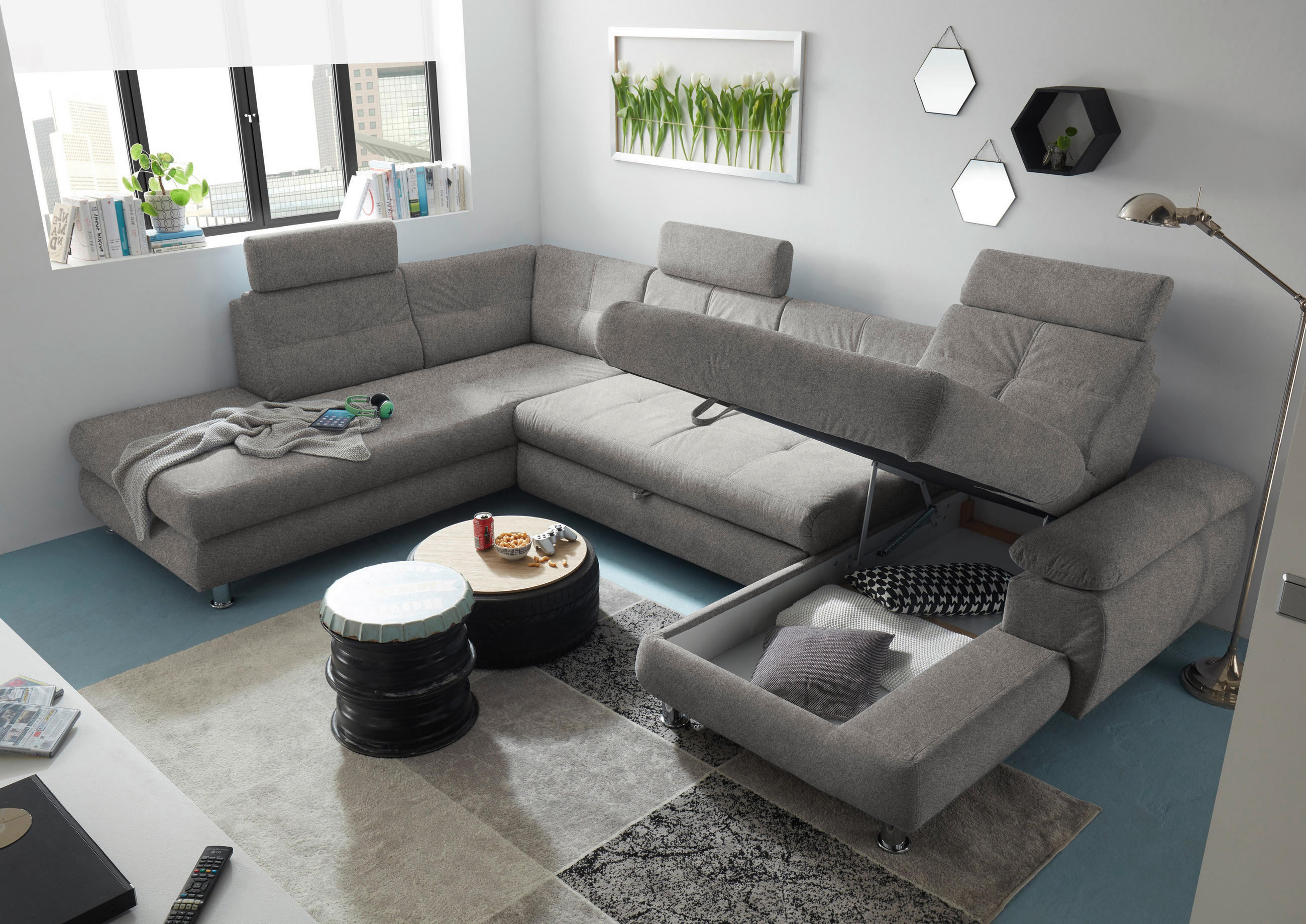 WOHNLANDSCHAFT Silberfarben Webstoff  - Silberfarben, MODERN, Kunststoff/Textil (233/349/177cm) - MID.YOU