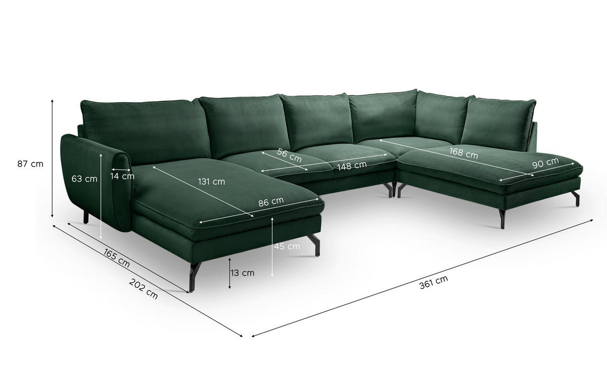 ECKSOFA TORONTO Smaragdgrün Cord  - Smaragdgrün/Schwarz, Basics, Textil/Metall (202/361cm) - MID.YOU