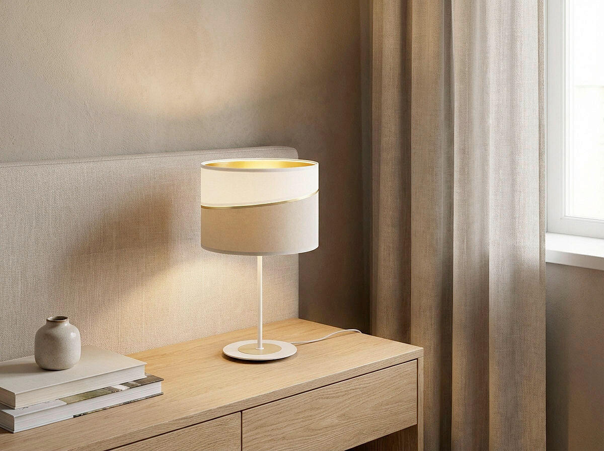 TISCHLEUCHTE Swing 25/41 cm   - Beige/Goldfarben, Design, Kunststoff/Textil (25/41cm)