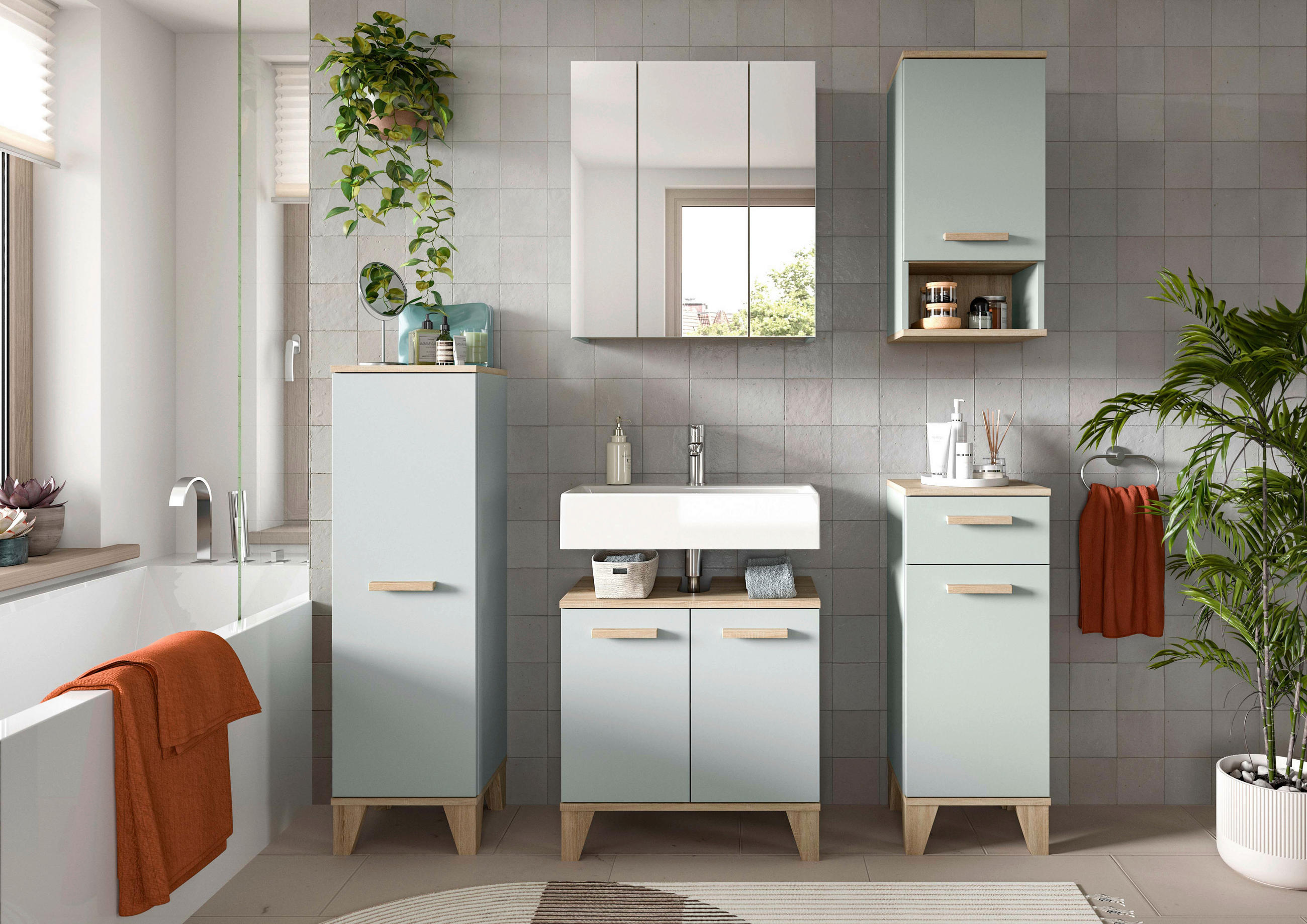 BADEZIMMER 5-teilig 128 cm - Eiche San Remo/Graugrün, Modern, Holzwerkstoff/Kunststoff (128cm) - MID.YOU